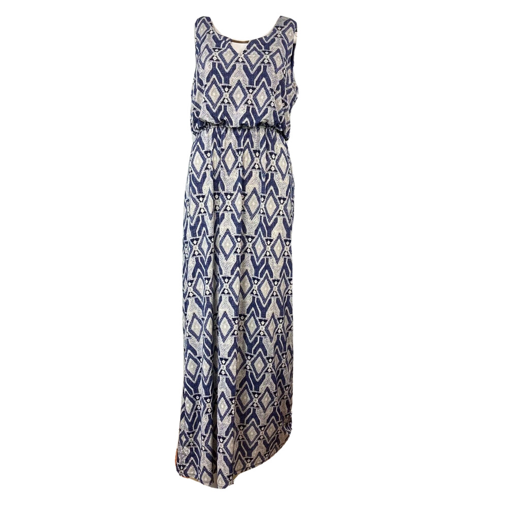 Naif Dress Womens Sz M Navy Sleeveless Patterned Blouson Maxi Stretch